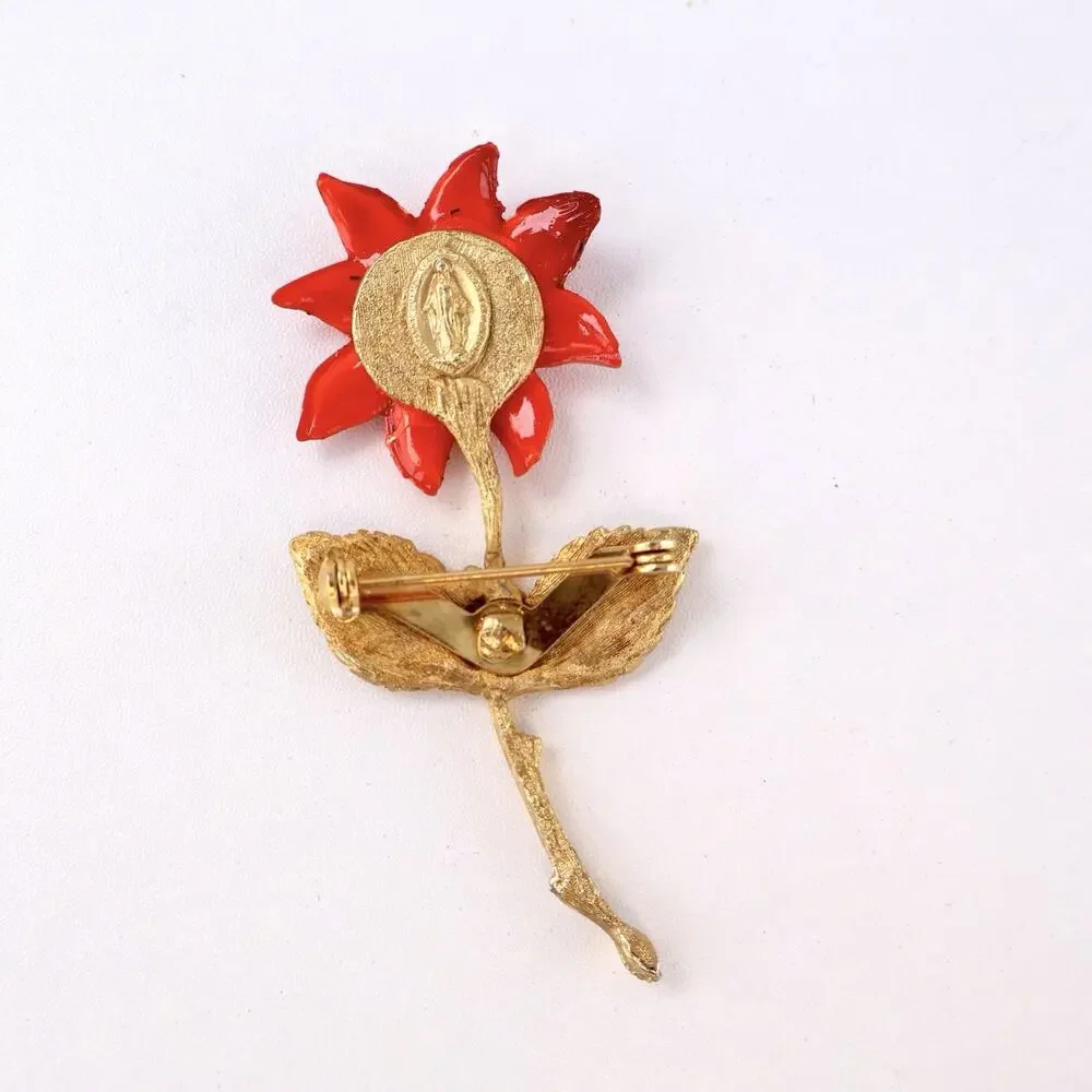 Vintage Miraculous Medal Virgin Mary Flower Brooch‎ Pin Catholic Religious 3